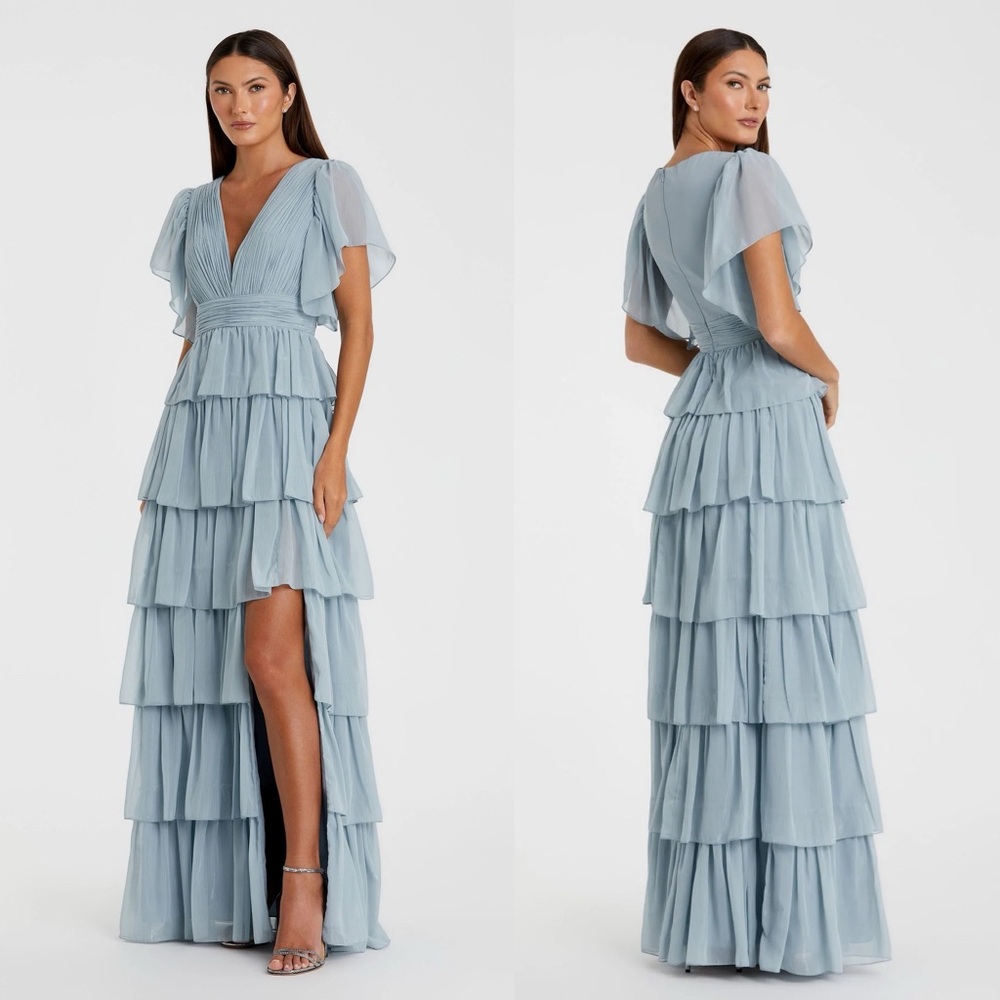 Ieena Mac Duggal Blue Metallic Ruffle Tiered Gown Flutter Sleeve Maxi Dress